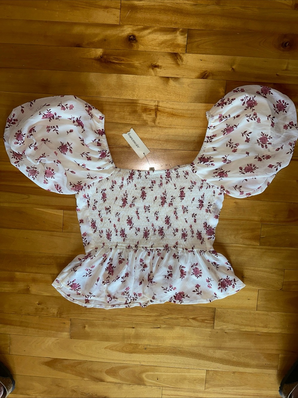 Francesca's Collections White Floral Puff-Sleeve Peplum Top - Picture 7 of 7